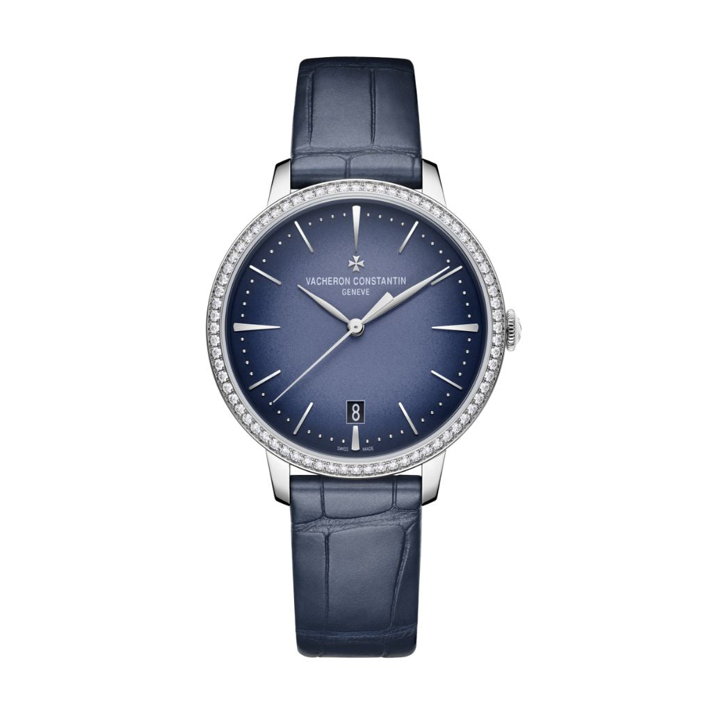 Vacheron Constantin Patrimony self-winding 36.5 mm Blue Dial with Diamonds White Gold   Leather Strap 4115U/000G-B908 - WATCHXNYC