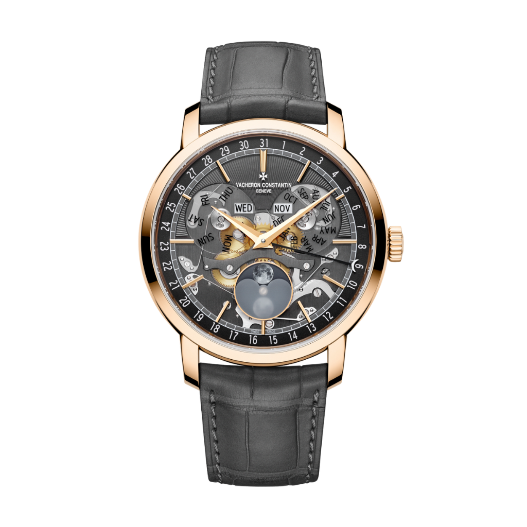 Vacheron Constantin Traditionnelle complete calendar openface 41 mm Black Dial 18K Pink Gold   Leather Strap 4020T/000R-B654 - WATCHXNYC