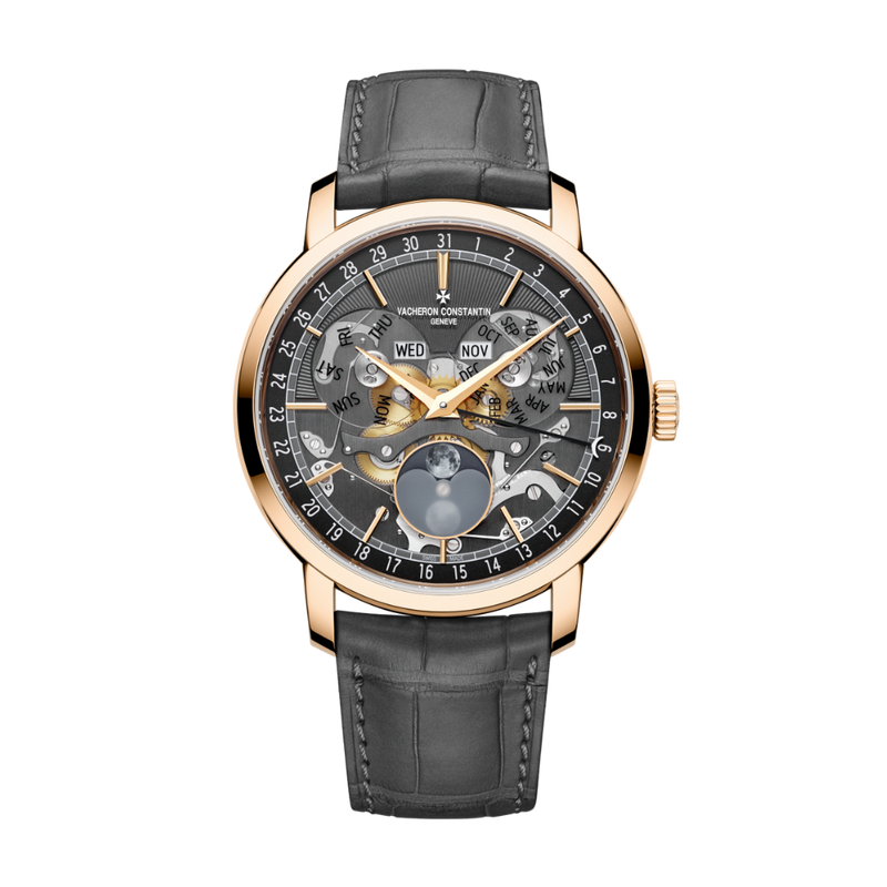 Vacheron Constantin Traditionnelle calendario completo esfera abierta 41 mm esfera negra oro rosa de 18 quilates correa de piel de aligátor 4020T/000R-B654 