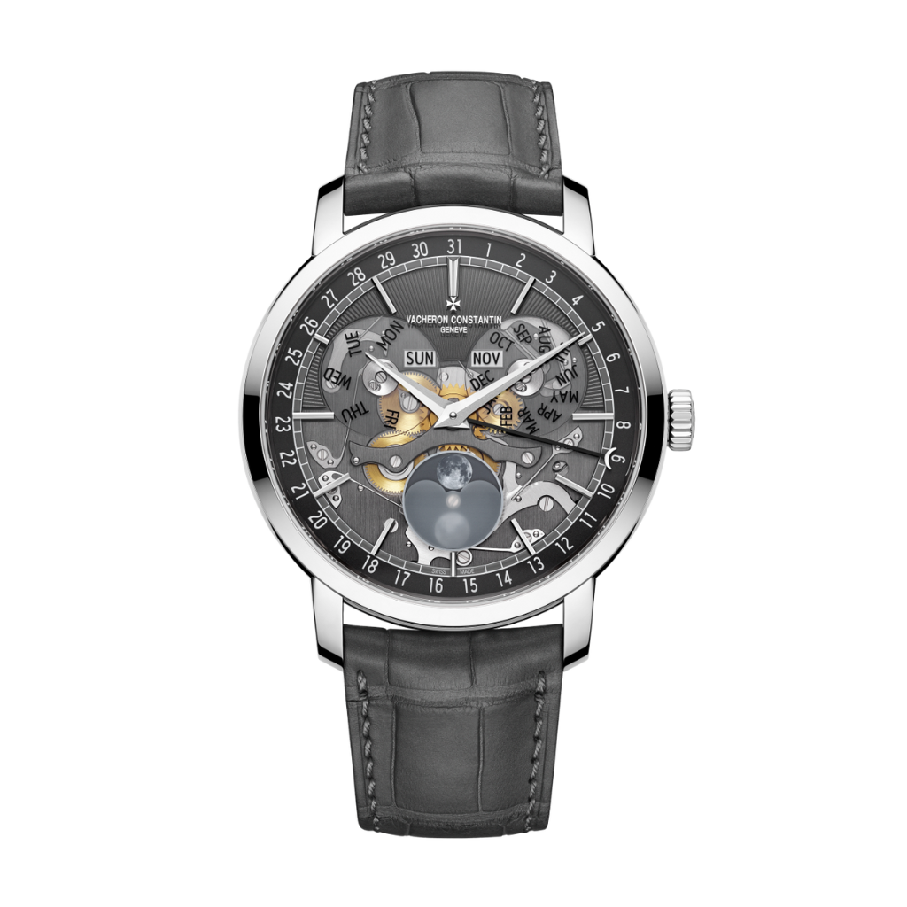 Vacheron Constantin Traditionnelle complete calendar openface 41 mm Black Dial White Gold   Leather Strap 4020T/000G-B655 - WATCHXNYC