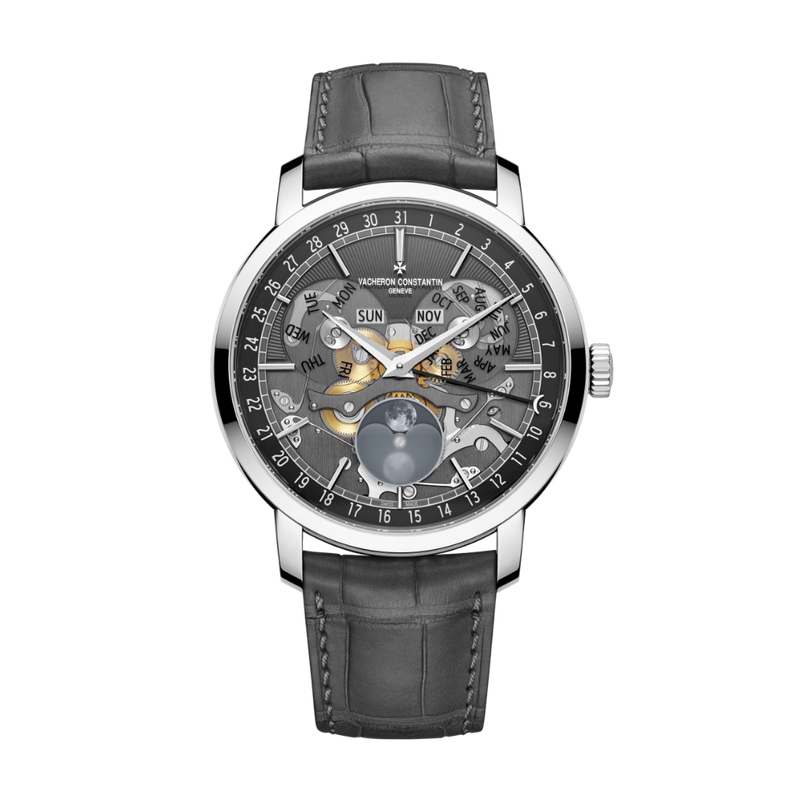 Vacheron Constantin Traditionnelle Calendario completo Esfera abierta 41 mm Esfera negra Oro blanco Correa de piel de aligátor 4020T/000G-B655 
