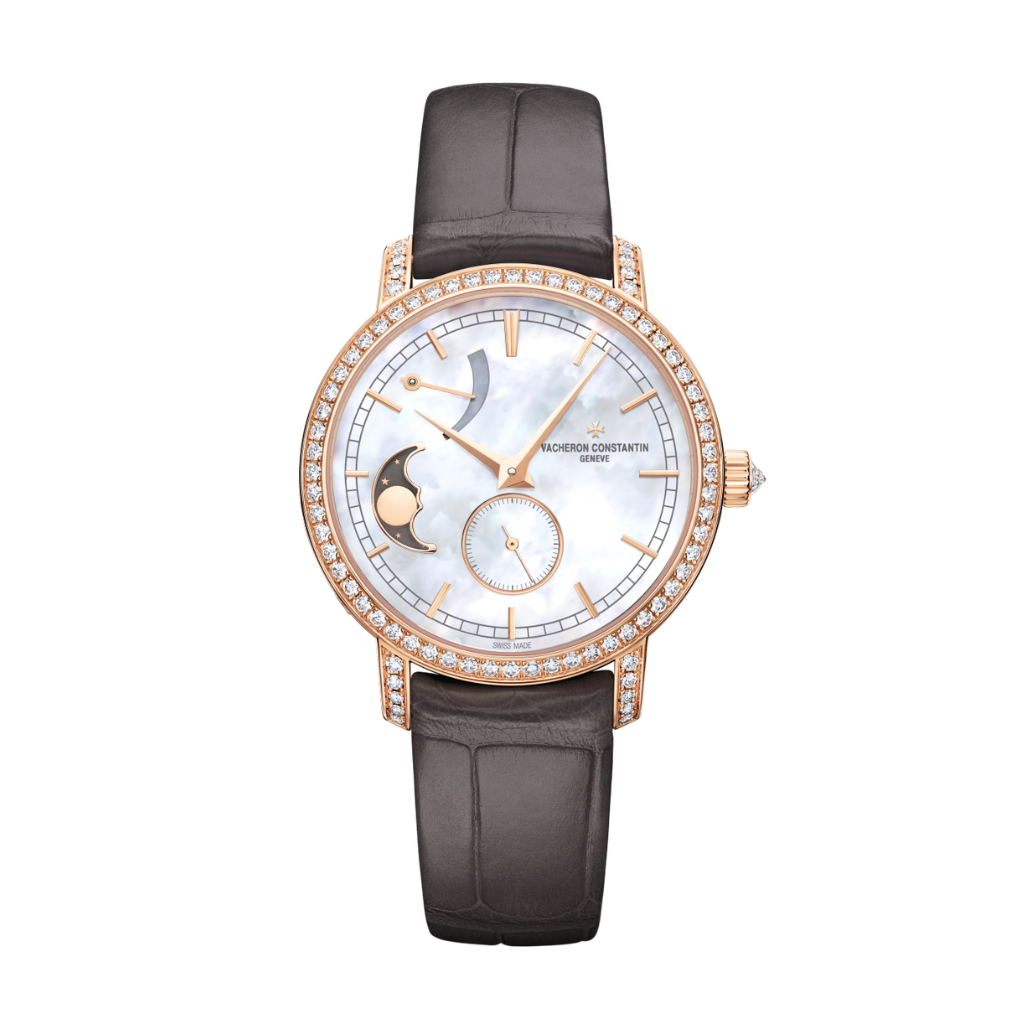 Vacheron Constantin Traditionnelle moon phase 36 mm White Mother-Of-Pearl Dial with Diamonds 18K Pink Gold   Leather Strap 83570/000R-9915 - WATCHXNYC