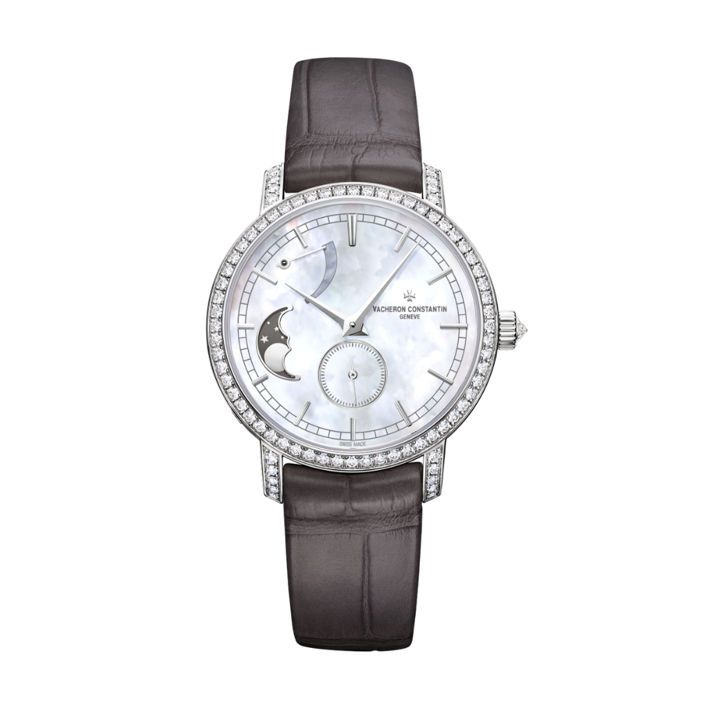 Vacheron Constantin Traditionnelle moon phase 36 mm White Mother-Of-Pearl Dial with Diamonds White Gold   Leather Strap 83570/000G-9916 - WATCHXNYC