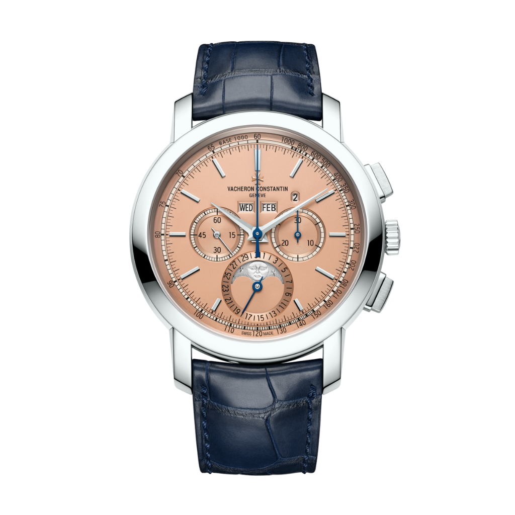 Vacheron Constantin Traditionnelle perpetual calendar chronograph 43 mm Salmon-Coloured Dial Platinum   Leather Strap 5000T/000P-B975 - WATCHXNYC