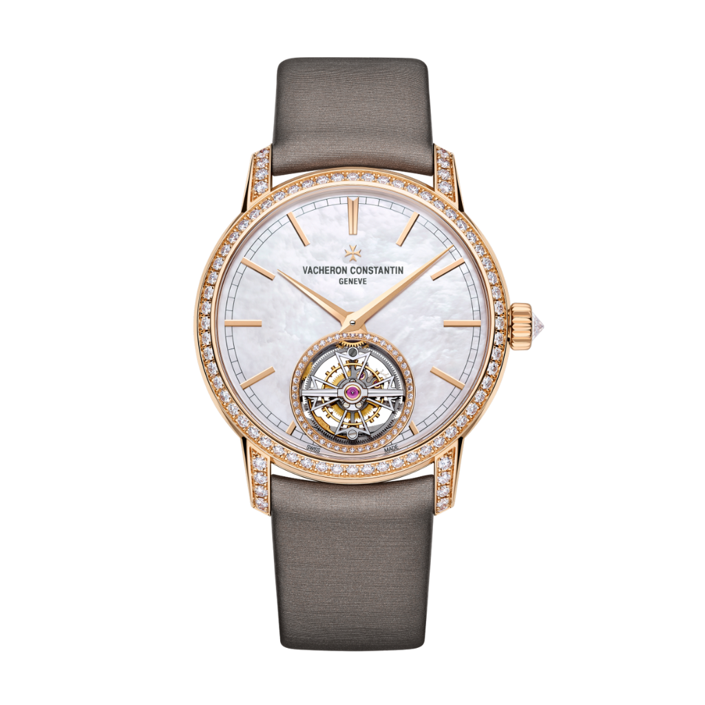Vacheron Constantin Traditionnelle tourbillon 39 mm White Mother-Of-Pearl Dial with Diamonds 18K Pink Gold Satin Strap 6035T/000R-B634 - WATCHXNYC