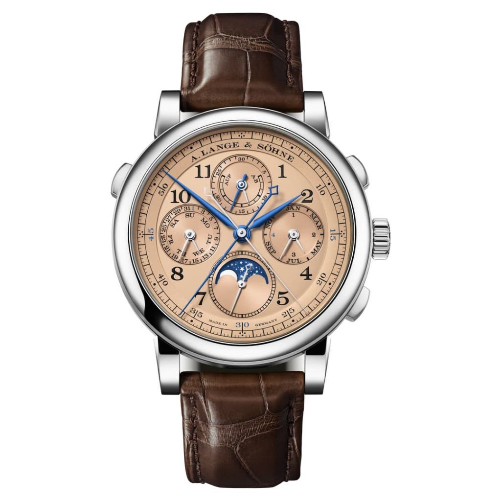 A. Lange & Sohne 1815 Rattrapante Perpetual Calendar 41.9 mm Pink Dial 18k White Gold   Leather Strap 421.056FE / LSLS4213AA - WATCHXNYC