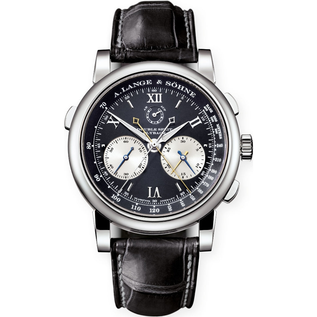 A. Lange & Sohne DOUBLE SPLIT 43 mm Black Dial Platinum   Leather Strap 404.035 / LSLS4042AD - WATCHXNYC