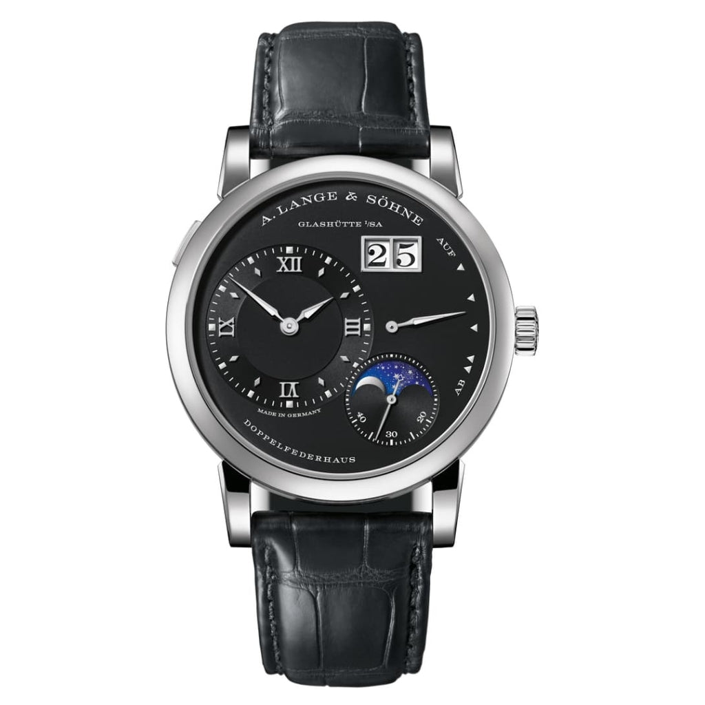 A. Lange & Sohne LANGE 1 MOON PHASE 38.5 mm Black Dial 18k White Gold   Leather Strap 192.029 / LSLS1923AG - WATCHXNYC