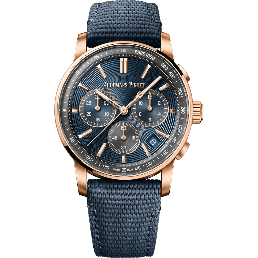 Audemars Piguet Code 11.59 by Audemars Piguet Selfwinding Chronograph 41 mm Blue  Dial 18-Carat Pink Gold Rubber-Coated Strap 26393OR.OO.A348KB.01 - WATCHXNYC