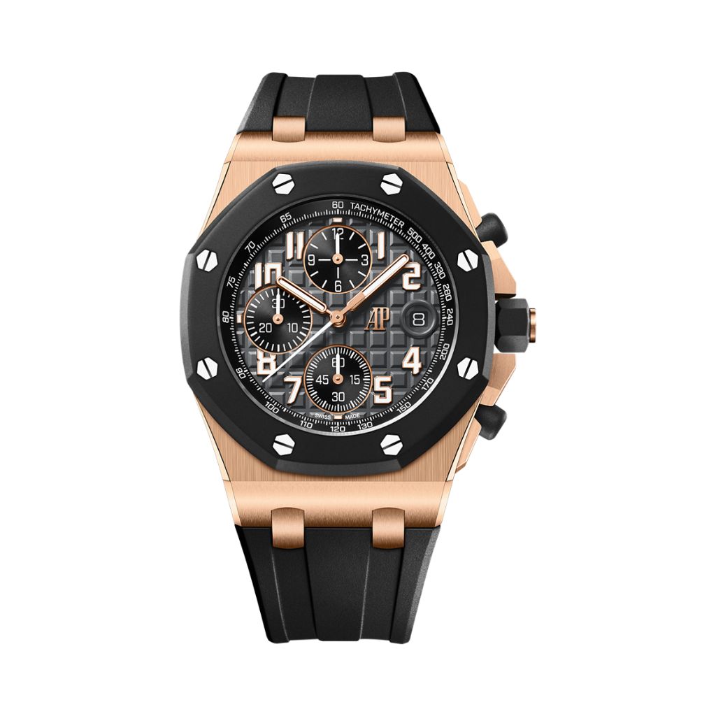 Audemars Piguet Royal Oak Offshore Selfwinding Chronograph 42 mm Dark Grey Dial 18-Carat Pink Gold Rubber Strap 26238OK.OO.A002CA.01 - WATCHXNYC