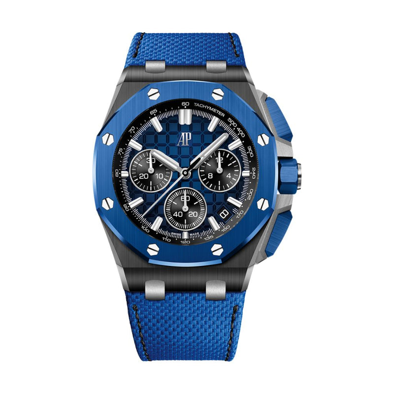 Audemars Piguet Royal Oak Offshore Cronógrafo automático de 43 mm, esfera azul, correa de piel de becerro de cerámica negra 26420CE.OO.A043VE.01 