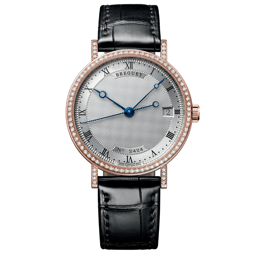 Breguet Classique 9068 33.5 mm Silver Dial with Diamonds 18k Rose Gold Leather Strap 9068BR/12/976 DD00 - WATCHXNYC