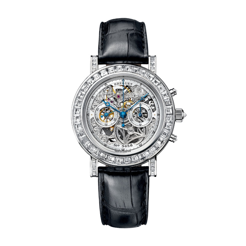 Breguet Classique Chronographe 5238 40,3 mm Esfera transparente con diamantes Correa de piel de aligátor en oro blanco de 18 k 5238BB/10/9V6 DD00