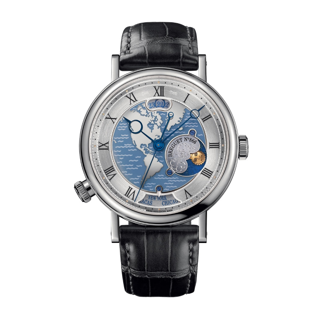 Breguet Classique Hora Mundi 5717 43 mm Silver Dial Platinum Leather Strap 5717PT/US/9ZU - WATCHXNYC