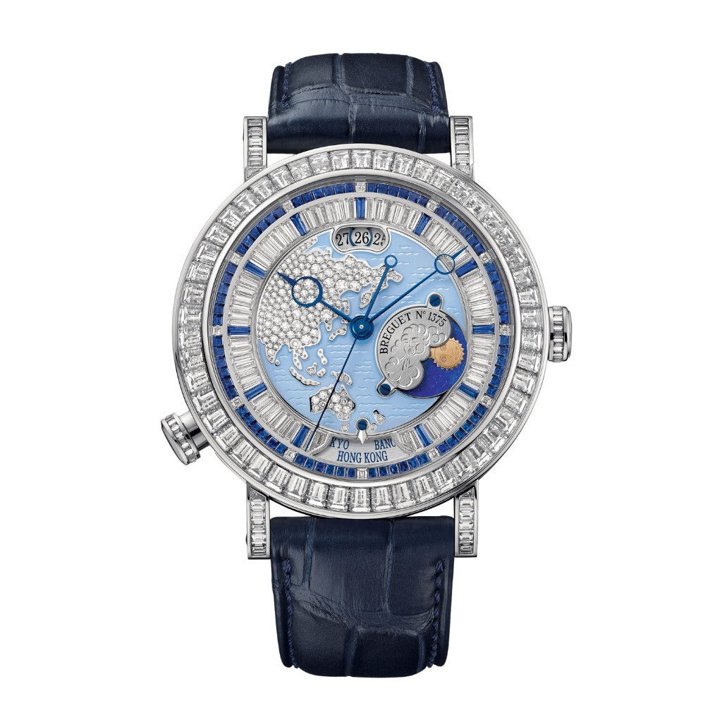 Breguet Classique Hora Mundi 5719 46.5 mm Blue Dial with Diamonds Platinum Leather Strap 5719PT/AS/9ZV DD0D - WATCHXNYC
