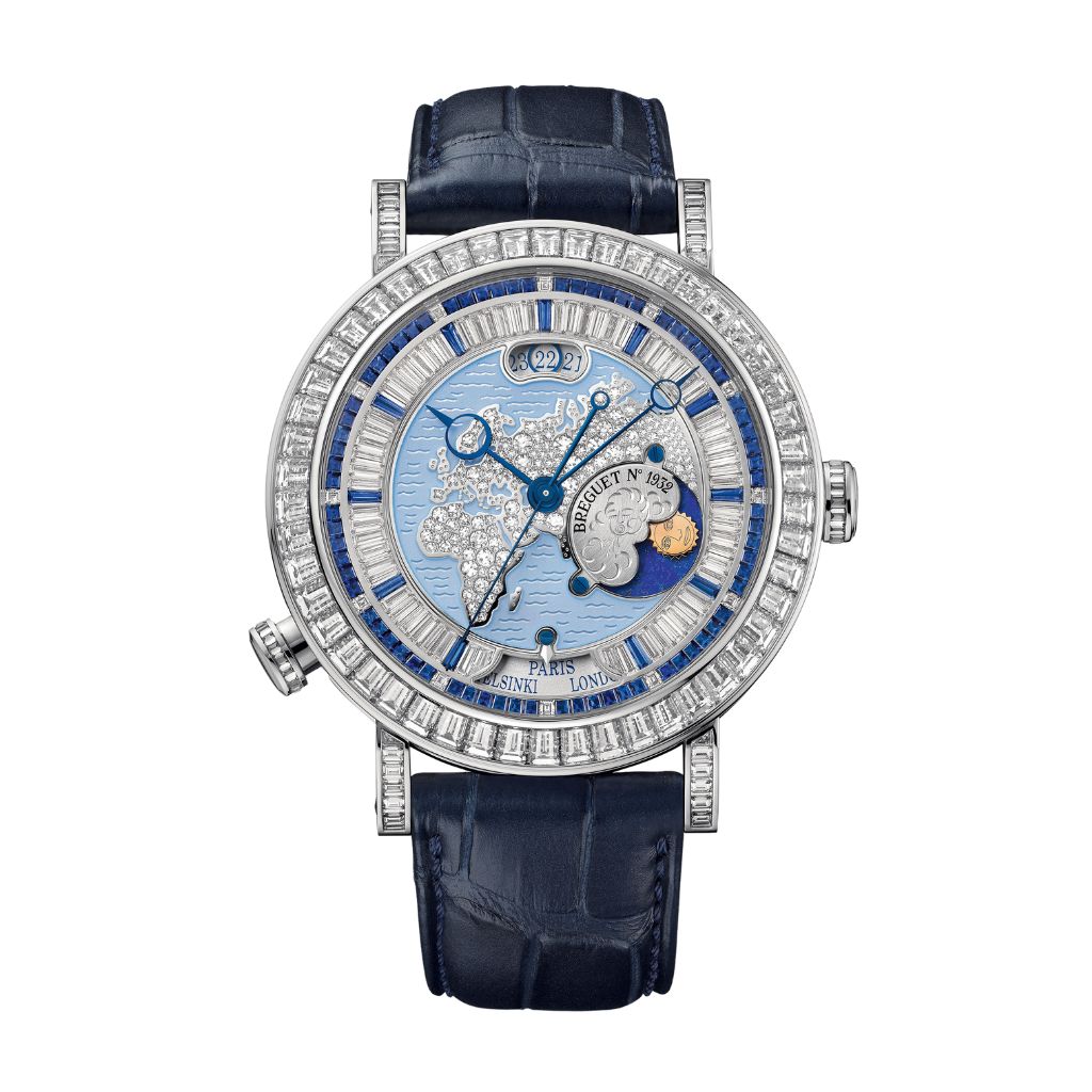 Breguet Classique Hora Mundi 5719 46.5 mm Blue Dial with Diamonds Platinum Leather Strap 5719PT/EU/9ZV DD0D - WATCHXNYC