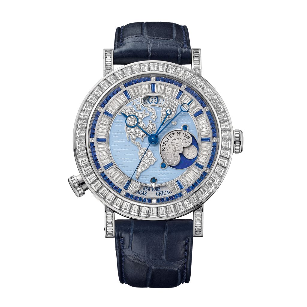 Breguet Classique Hora Mundi 5719 46.5 mm Blue Dial with Diamonds Platinum Leather Strap 5719PT/US/9ZV DD0D - WATCHXNYC