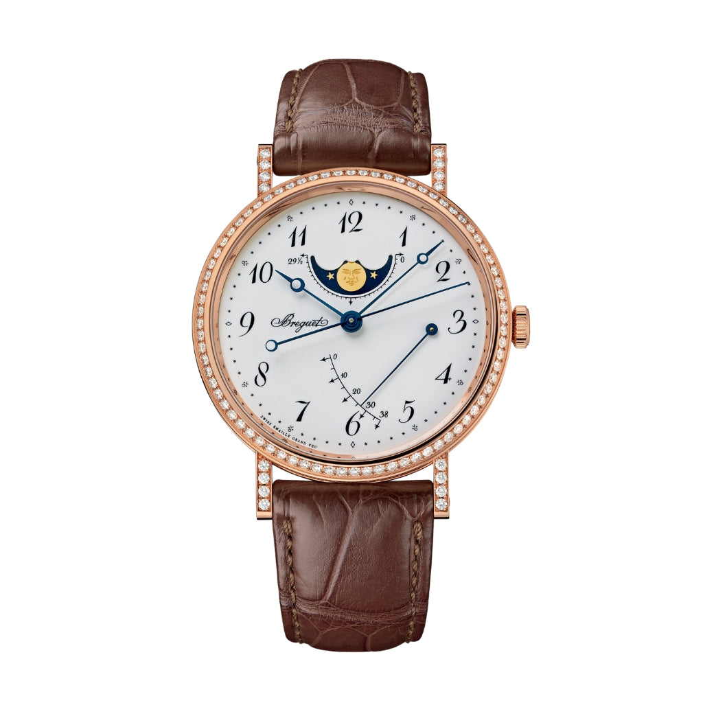 Breguet Classique Phase de Lune 7788 39 mm White Dial with Diamonds 18k Rose Gold Leather Strap 7788BR/29/9V6 DD00 - WATCHXNYC