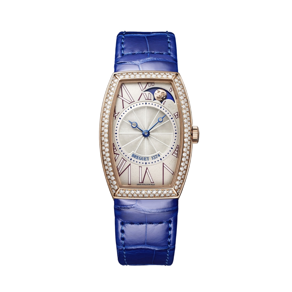 Breguet Héritage 35 x 25 mm Silver Dial with Diamonds 18k Rose Gold Blue Leather Strap 8861BR/15/986/D000 - WATCHXNYC