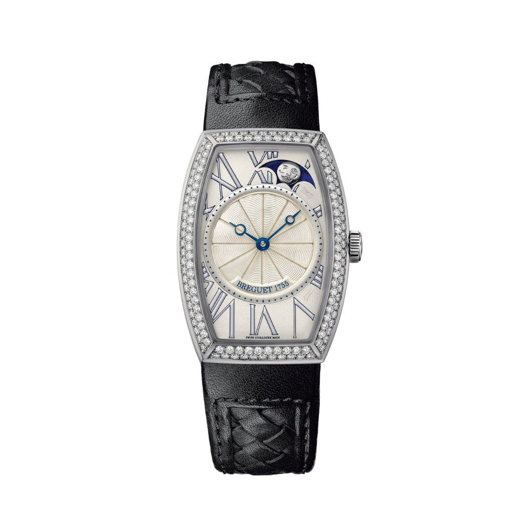 Breguet Héritage 35 x 25 mm Silver Dial with Diamonds White Gold Black Leather Strap 8861BB/11/386/D000 - WATCHXNYC