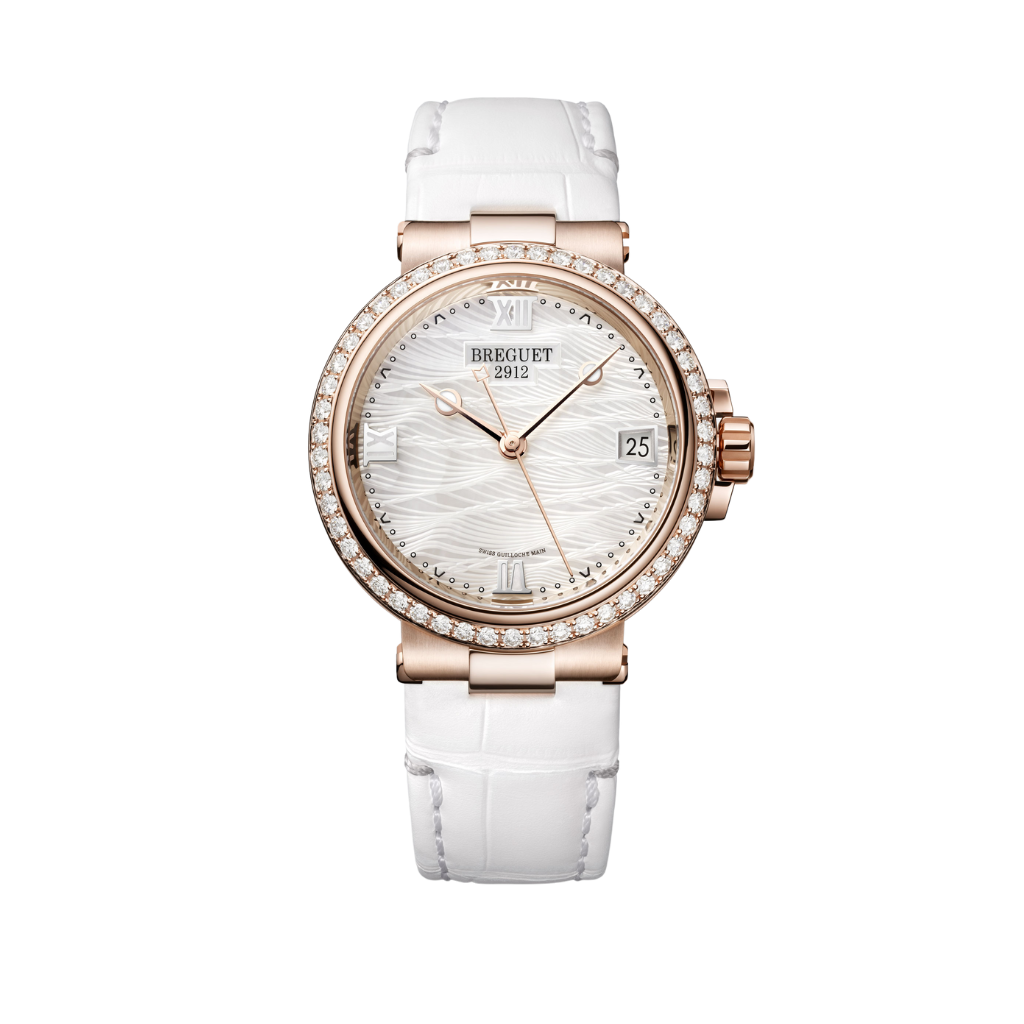 Breguet Marine 33.8 mm White Dial with Diamonds 18k Rose Gold White Leather Strap 9518BR/52/984/D000 - WATCHXNYC