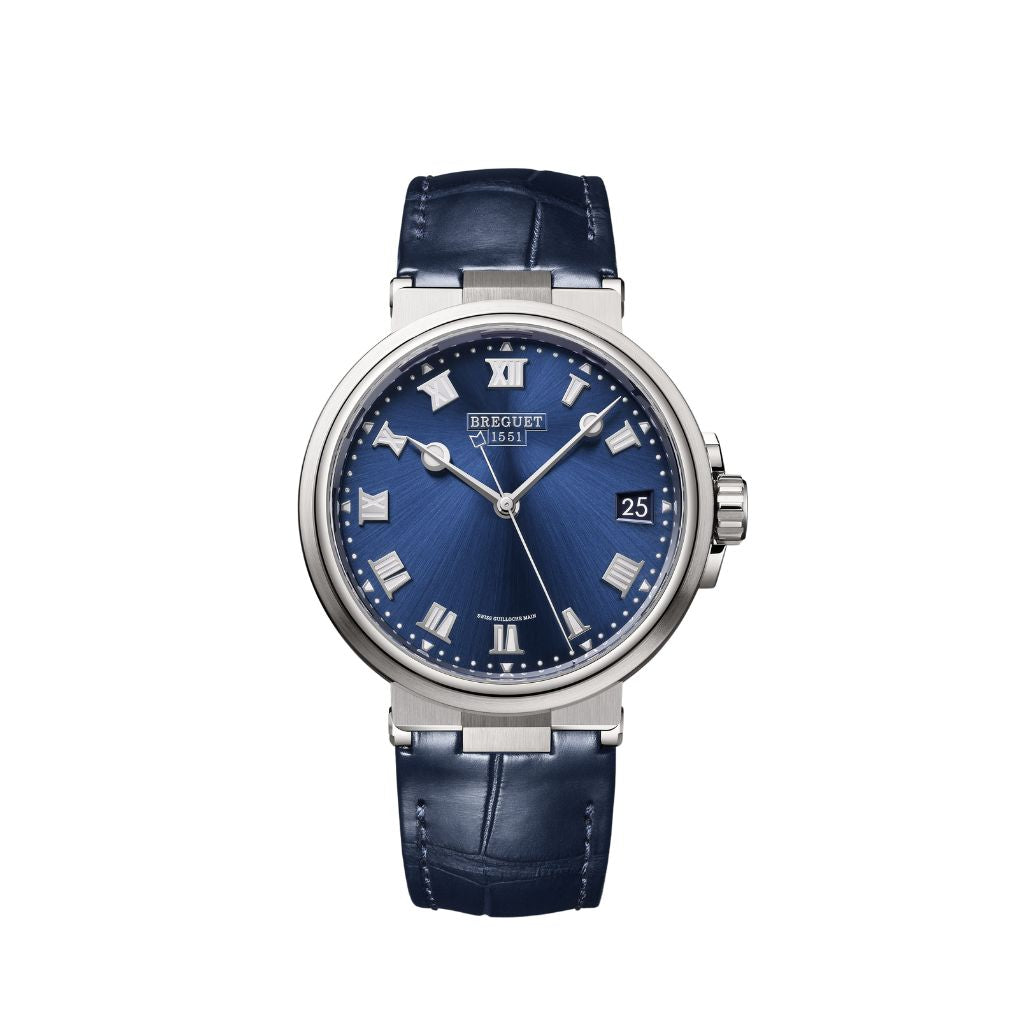 Breguet Marine 40 mm Blue Dial Titanium Dark Blue Leather Strap 5517TI/Y1/9ZU - WATCHXNYC