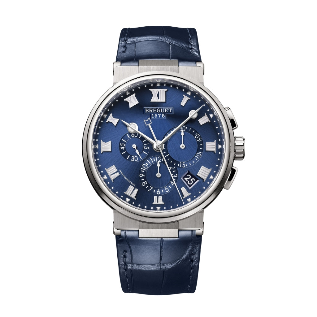 Breguet Marine 42.3 mm Blue Dial Titanium Blue Leather Strap 5527TI/Y1/9WV - WATCHXNYC