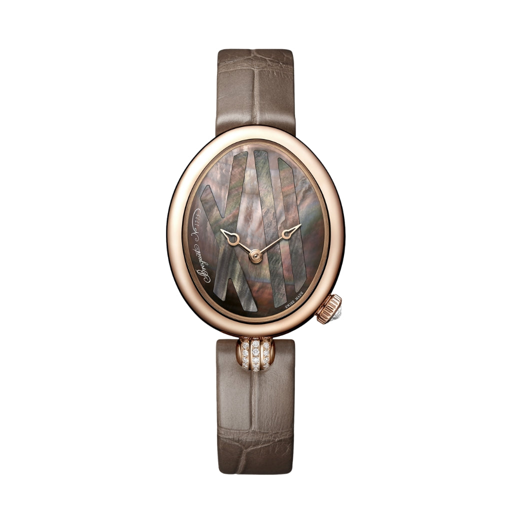 Breguet Reine 32.7 x 27.3 mm Tahitian Mother-Of-Pearl Dial with Diamonds 18k Rose Gold Brown Leather Strap 9808BR/5T/922/0D00 - WATCHXNYC