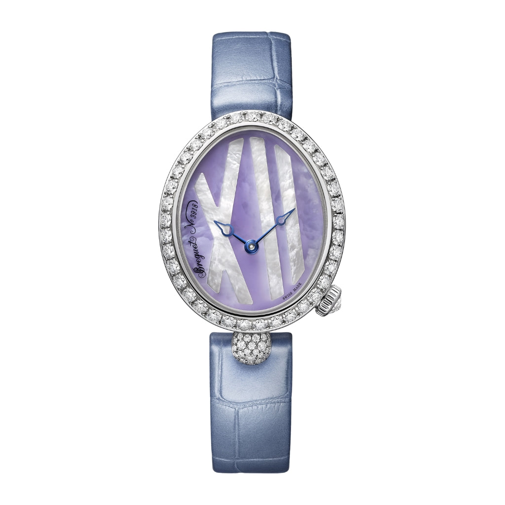 Breguet Reine 32.7 x 27.3mm Lavender-Coloured Mother-Of-Pearl Dial with Diamonds White Gold Blue Leather Strap 9818BB/5V/922/DD0D - WATCHXNYC