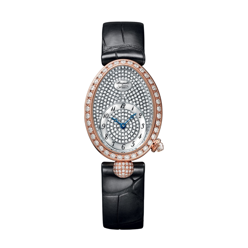 Breguet Reine 33 x 24.95 mm Diamond Paved Dial 18k Rose Gold Black Leather Strap 8928BR/8D/944/DD0D3L - WATCHXNYC