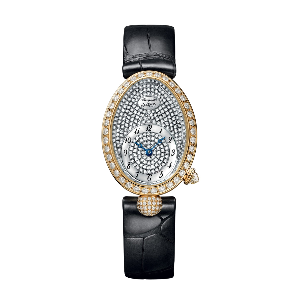 Breguet Reine 33 x 24.95 mm Diamond Paved Dial 18k Yellow Gold Black Leather Strap 8928BA/8D/944/DD0D3L - WATCHXNYC