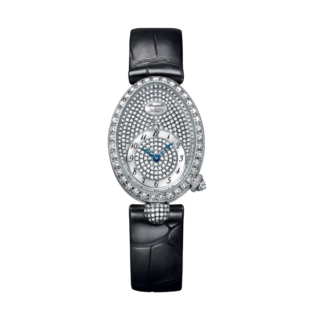 Breguet Reine 33 x 24.95 mm Diamond Paved Dial White Gold Black Leather Strap 8928BB/8D/944/DD0D3L - WATCHXNYC
