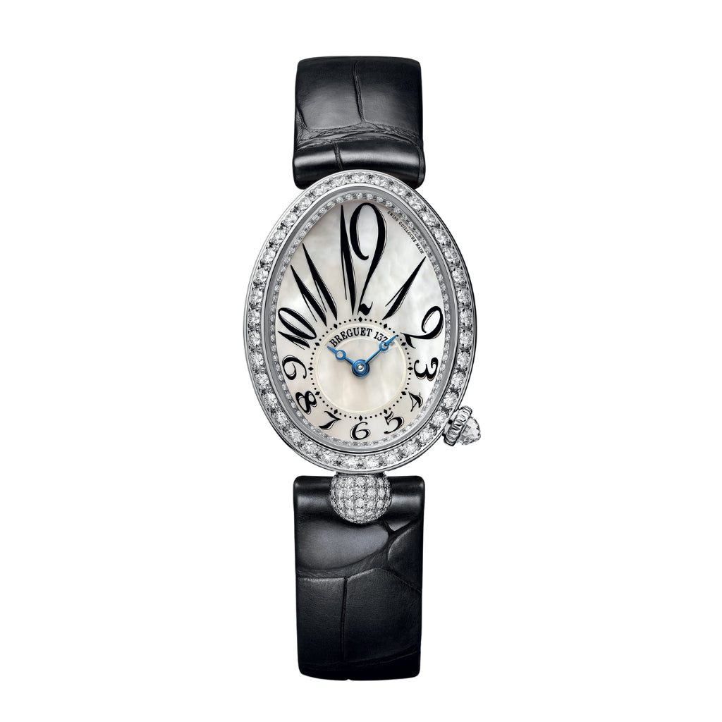 Breguet Reine 33 x 24.95 mm White  Dial with Diamonds White Gold Black Leather Strap 8928BB/5W/944/DD0D3L - WATCHXNYC