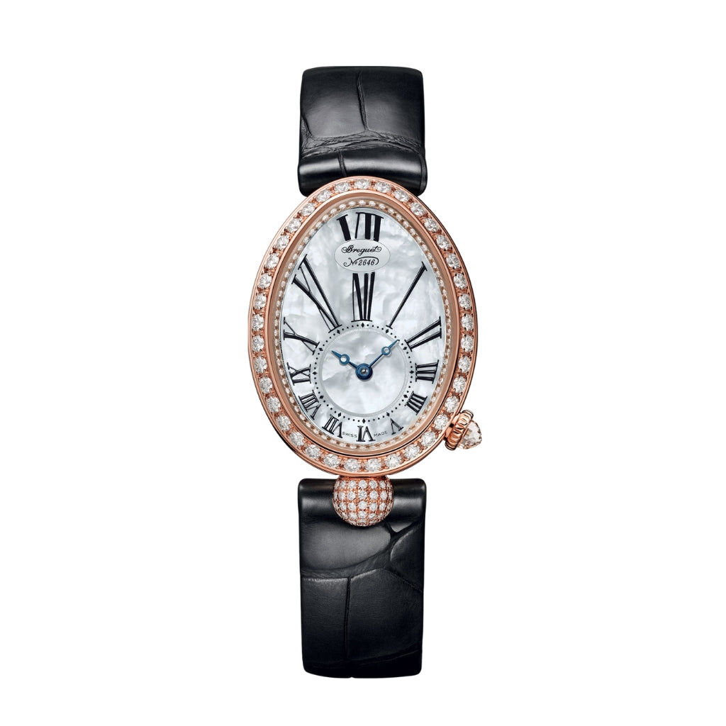Breguet Reine 33 x 24.95 mm White Mother-Of-Pearl Dial with Diamonds 18k Rose Gold Black Leather Strap 8928BR/51/944/DD0D3L - WATCHXNYC