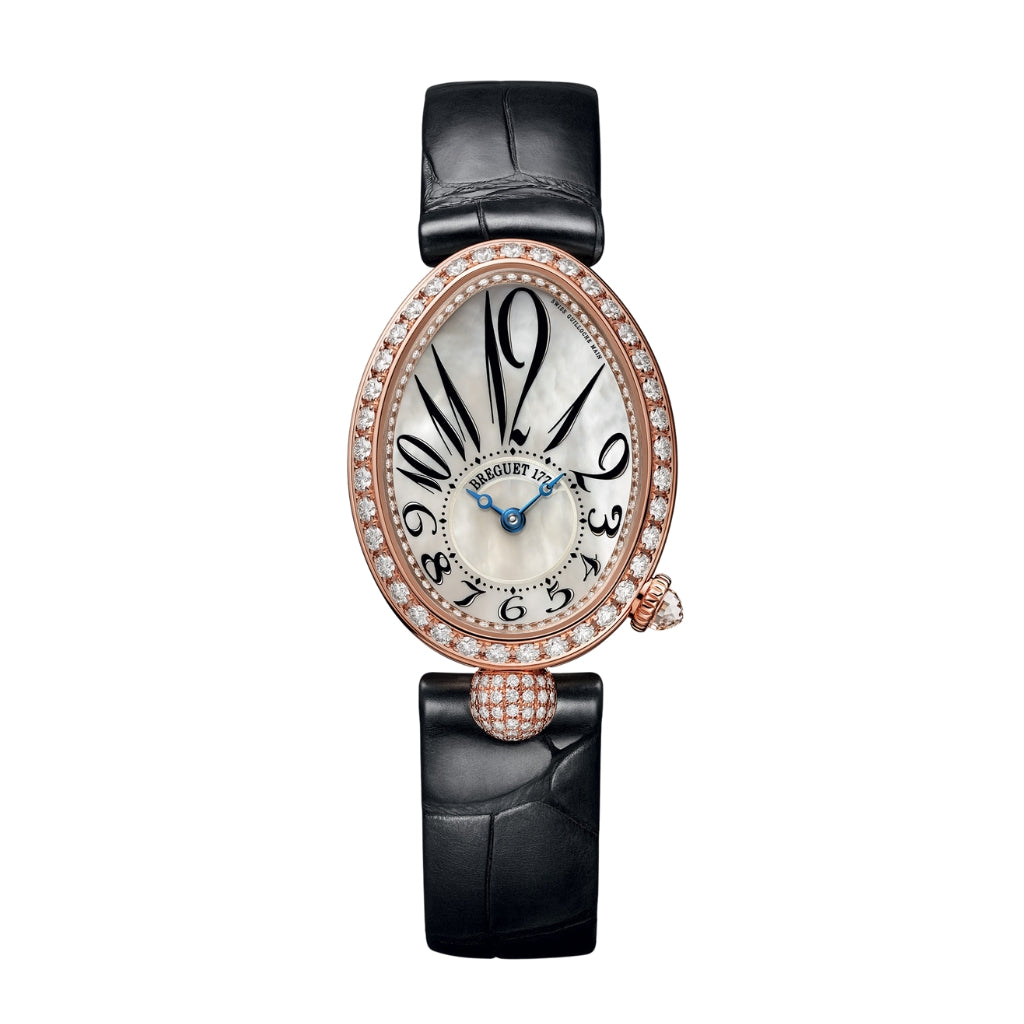 Breguet Reine 33 x 24.95 mm White Mother-Of-Pearl Dial with Diamonds 18k Rose Gold Black Leather Strap 8928BR/5W/944/DD0D3L - WATCHXNYC