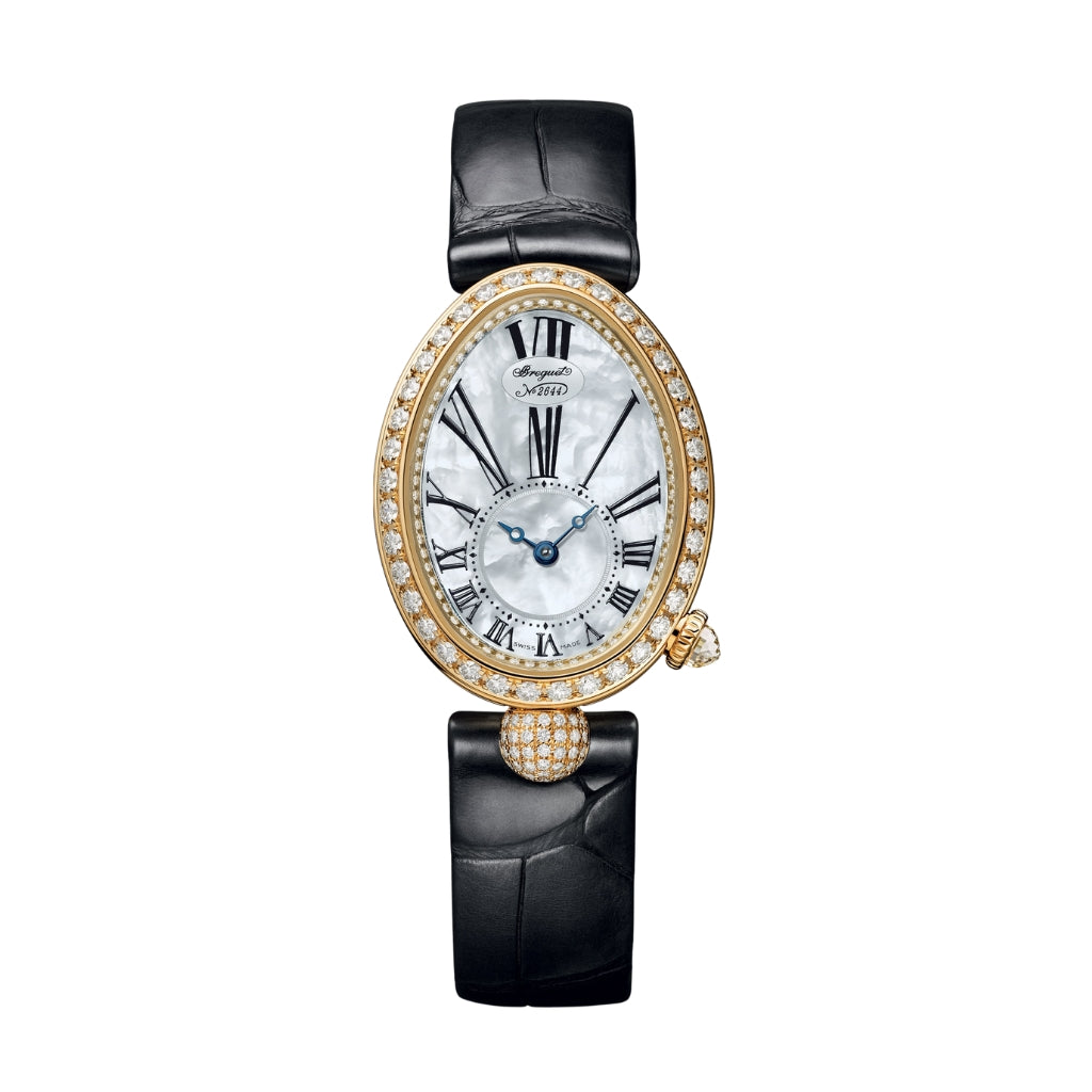 Breguet Reine 33 x 24.95 mm White Mother-Of-Pearl Dial with Diamonds 18k Yellow Gold Black Leather Strap 8928BA/51/944/DD0D3L - WATCHXNYC