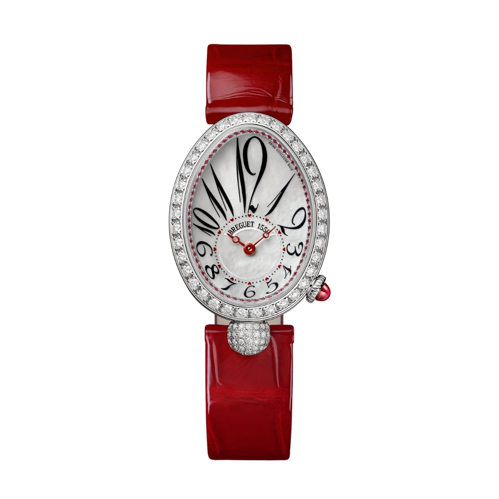 Breguet Reine 33 x 24.95 mm White Mother-Of-Pearl Dial with Diamonds White Gold Red Leather Strap 8925BB/58/944/D0 - WATCHXNYC