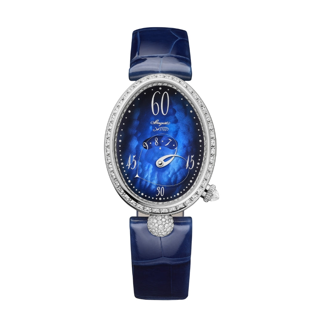 Breguet Reine 36.5 x 28.45mm Blue Mother-Of-Pearl Dial with Diamonds White Gold Blue Leather Strap 9835BB/5Y/964/DD0D - WATCHXNYC