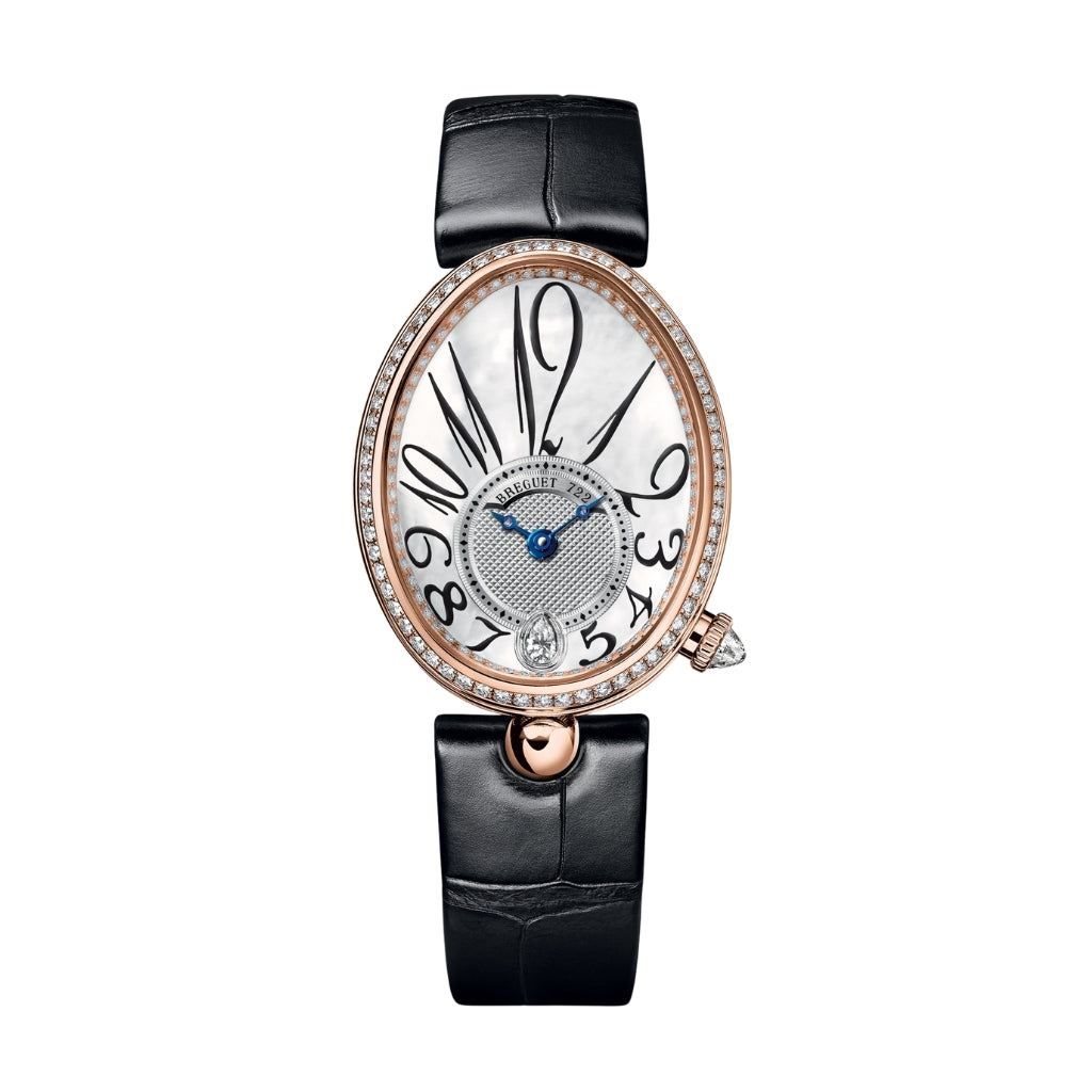 Breguet Reine 36.5 x 28.45mm White Mother-Of-Pearl Dial with Diamonds 18k Rose Gold Black Leather Strap 8918BR/58/964/D00D3L - WATCHXNYC