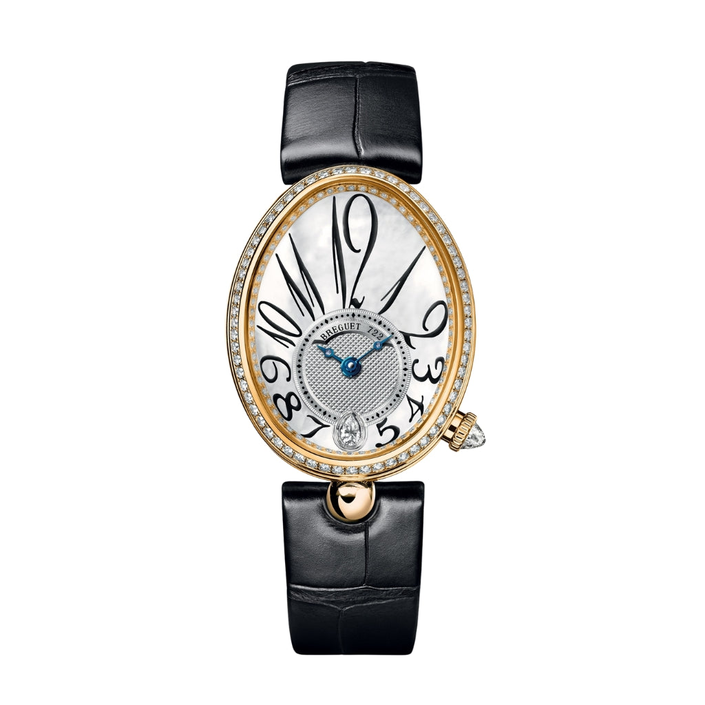 Breguet Reine 36.5 x 28.45mm White Mother-Of-Pearl Dial with Diamonds 18k Yellow Gold Black Leather Strap 8918BA/58/964/D00D3L - WATCHXNYC