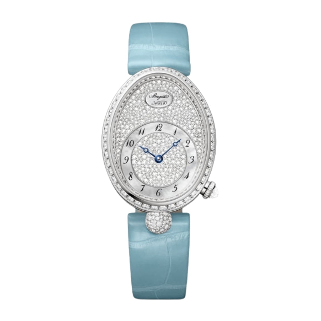 Breguet Reine 36.50 x 28.45 mm Diamond Paved Dial White Gold Blue Leather Strap 8938BB/8D/964/DD0D - WATCHXNYC