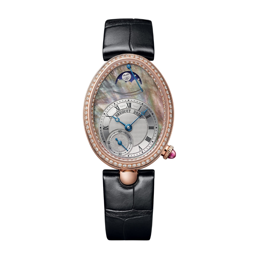 Breguet Reine 36.50 x 28.45 mm Silvered Gold Dial with Diamonds 18k Rose Gold Black Leather Strap 8908BR/5T/964/D00D3L - WATCHXNYC