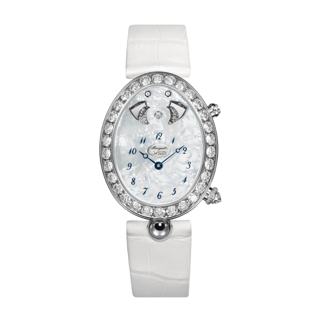 Breguet Reine 38.45 x 30.40 mm White Mother-Of-Pearl Dial with Diamonds White Gold White Leather Strap 8978BB/58/974/D00D3L - WATCHXNYC