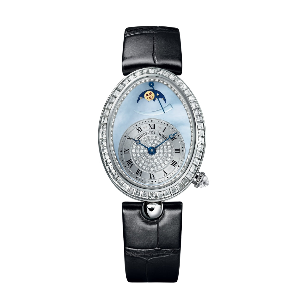 Breguet Reine 38.50 x 30.45 mm Blue Natural Mother-Of-Pearl Dial with Diamonds White Gold Black Leather Strap 8909BB/VD/964/D00D3L - WATCHXNYC