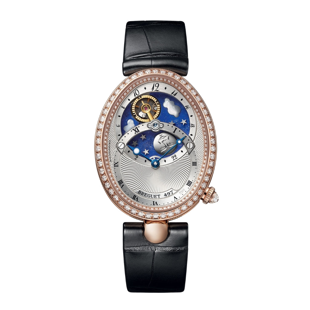 Breguet Reine 40.05 x 32 mm Silvered Gold Dial with Diamonds 18k Rose Gold Black Leather Strap 8998BR/11/974/D00D - WATCHXNYC