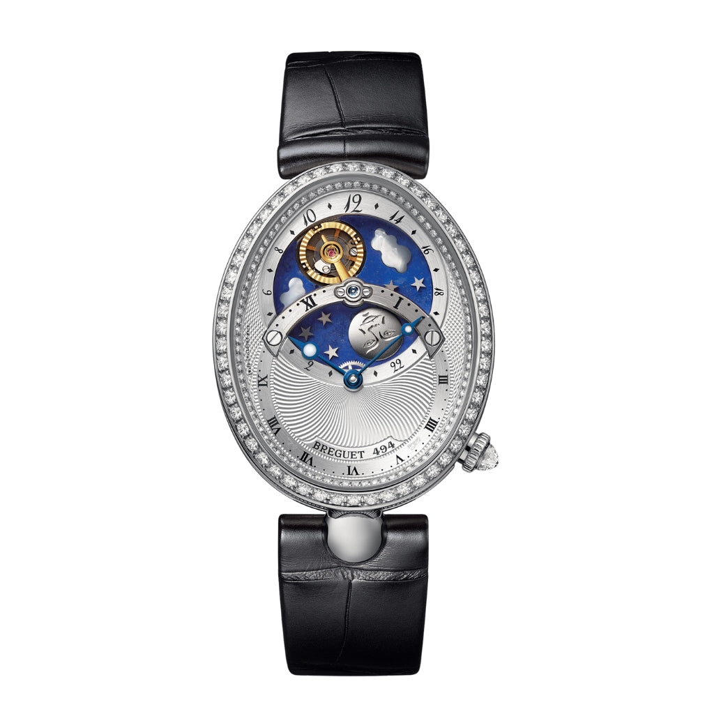 Breguet Reine 40.05 x 32 mm Silvered Gold Dial with Diamonds White Gold Black Leather Strap 8998BB/11/974/D00D - WATCHXNYC