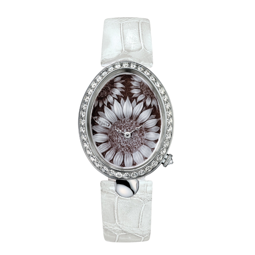 Breguet Reine 40 x 31.95 mm Maroon and Silver Dial with Diamonds White Gold White Leather Strap 8958BB/51/974/D00D3L - WATCHXNYC