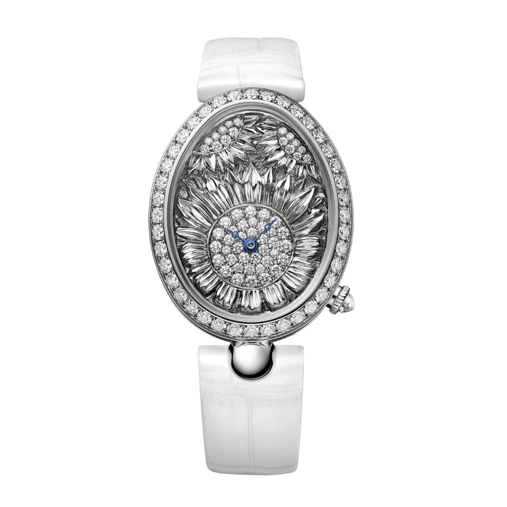 Breguet Reine 40 x 31.95 mm Silver Dial with Diamonds White Gold White Leather Strap 8958BB/65/974/D00D - WATCHXNYC
