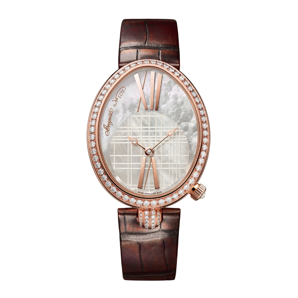 Breguet Reine 43 x 34.95 mm White Mother-Of-Pearl Dial with Diamonds 18k Rose Gold Brown Leather Strap 8965BR/5W/986/DD0D - WATCHXNYC