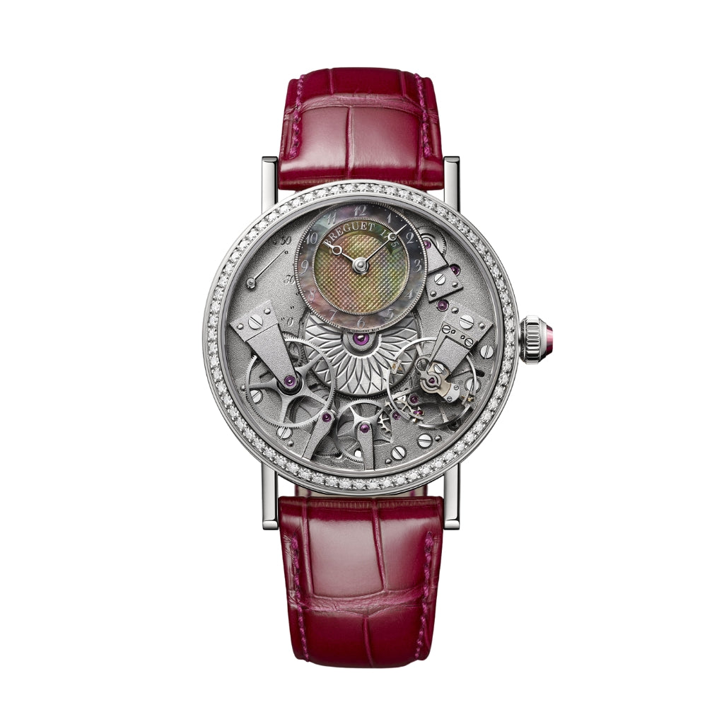Breguet Tradition 37 mm Tahitian Mother-Of-Pearl Dial White Gold Red Leather Strap 7038BB/1T/9V6/D00D - WATCHXNYC